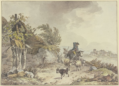 On the path next to a dilapidated hut with a thatched roof, a shepherd on horseback and a farmer’s wife with sheep and goats