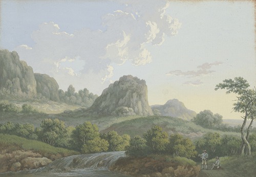 Bergige Landschaft mit einem hohen Felsen, im Mittelgrund zwei Männer bei einem Waldbach rastend