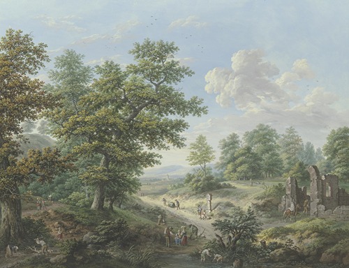 Waldausgang, rechts die Ruine einer Kapelle, in die ein Reiter hineinreitet