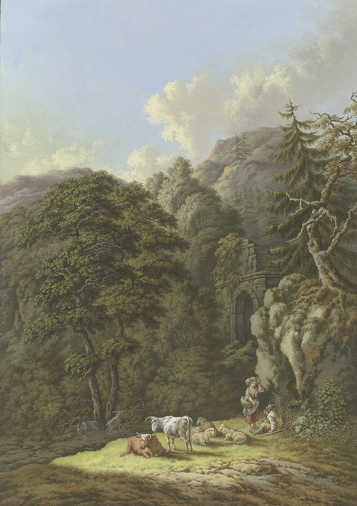 Waldige Berglandschaft mit einem alten Tor und einer Viehherde in einer Lichtung