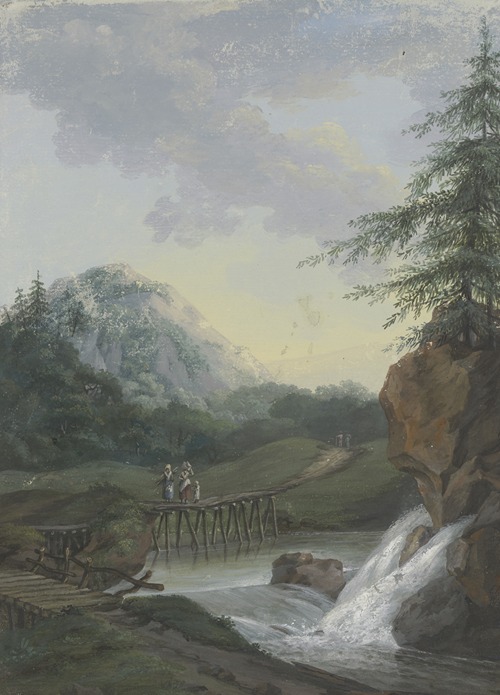 Landschaft mit einem Wasserfall und einem Steg, auf dem zwei Frauen und ein Kind gehen