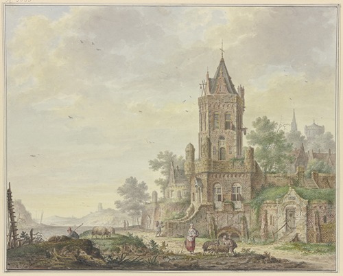 Stadt mit einem alten Turm am Wasser, vorne eine Frau bei einem Knaben mit zwei Schafen