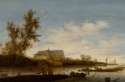 River landscape with fishermen in the foreground, the Laurenskerk in Alkmaar beyond