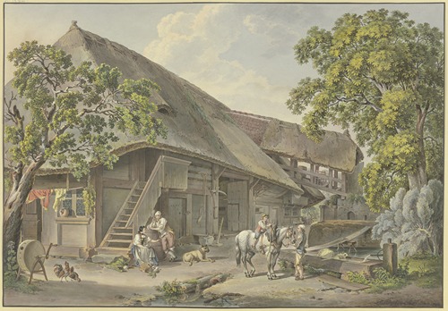 Schweizerhaus, am Brunnen Bauer mit einem Schimmel, auf dem ein Knabe reitet