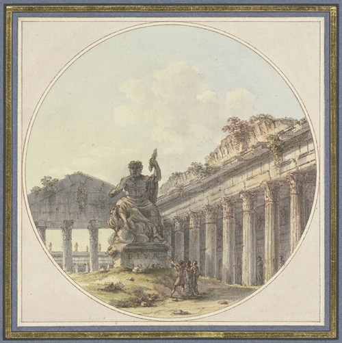 Architektonisches Capriccio; Inneres einer Tempelruine mit einer Statue des Jupiter tonans und Figurenstaffage