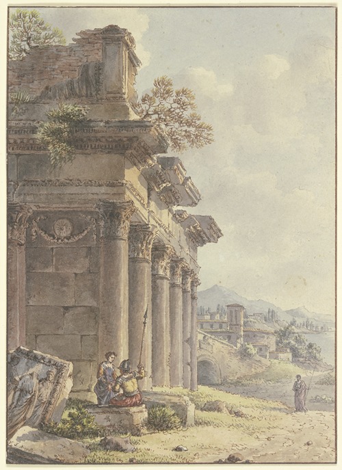 Architektonisches Capriccio; Ruinen einer Tempelfassade, im Hintergrund Landschaft mit Gebäuden und Seebucht