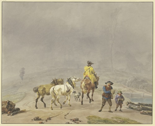 Reitender Postillion mit zwei Handpferden in winterlicher Landschaft