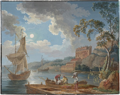 View of the pottery factory of Marieberg near Stockholm, with boats and fishermen