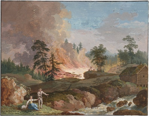 A landscape in Sweden with peasants burning woodland and a couple resting near a stream