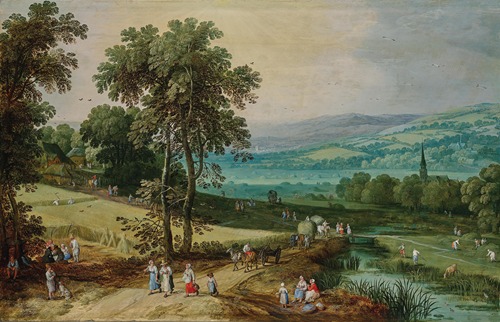 An extensive wooded landscape with travellers on a path and the corn harvest in the foreground