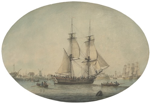A Trading Brig Preparing to Set Sail on the Thames, Warships Running Down the Estuary Beyond
