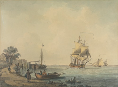 A Two-Decker Running up the Estuary with Figures on the Beach in the Foreground