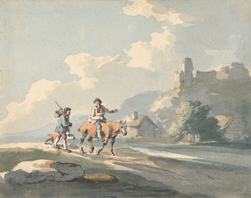 Composition: two travellers and a dog on a road passing cottages, with ruins on a hill