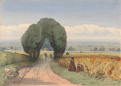 Gloucestershire – a woman and child on a road bordering fields of ripe corn at Moreton-in-Marsh