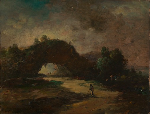 Landschaft mit einem von Buschwerk überwachsenen Felsenbogen