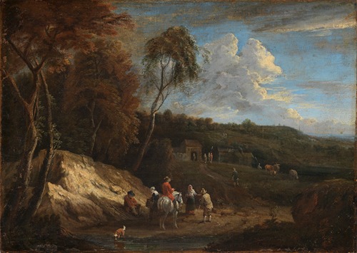 Waldrand mit Blick in eine Ebene und Staffage von Reisenden und Bauern
