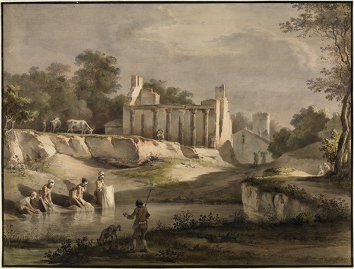 Wäscherinnen an einem Flüsschen, dahinter Hausruine mit antiken Säulen