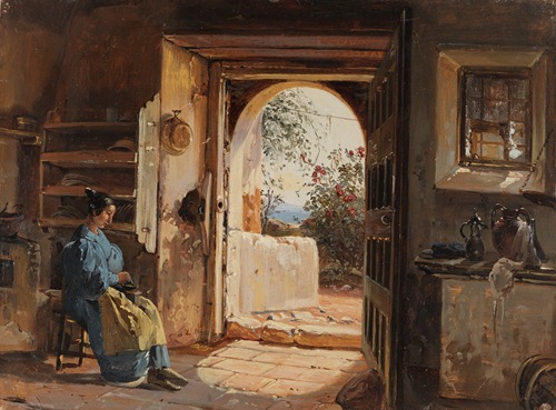 Italienische Stube mit einer sitzenden, Kaffee mahlenden Frau, die den Blick auf Garten und Meer freigibt
