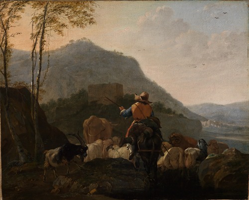 Ausziehende Hirten mit ihrer Herde in südlicher Berglandschaft