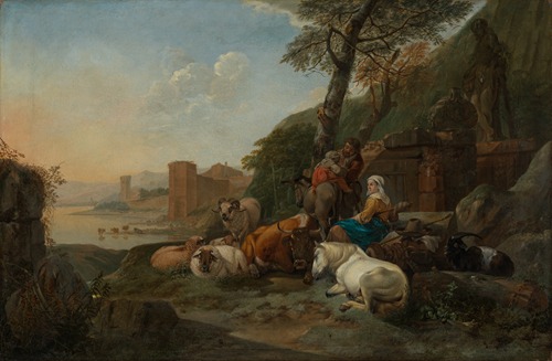 Hirtenfamilie mit lagernder Herde in südlicher Landschaft