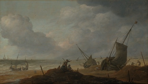 Strandszene mit Blick auf ein bewegtes Meer mit zahlreichen Schiffen