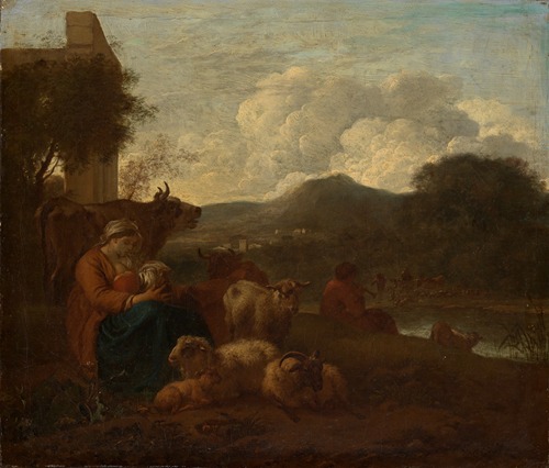 Hirtin, ihr Kind stillend, mit der Herde in südlicher Landschaft
