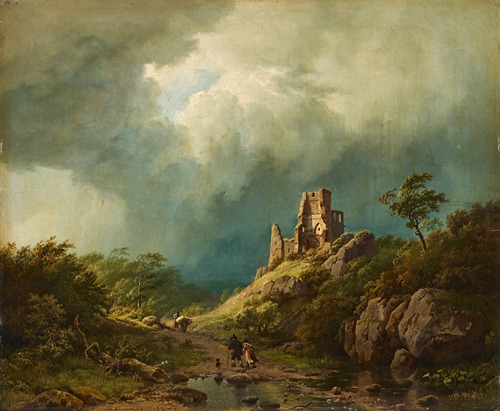 Travellers passing a ruined castle in a stormy landscape