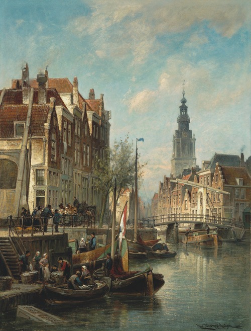 Figures and ships on an Amsterdam canal with the Zuiderkerk in the background