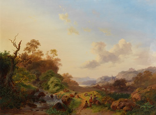 Summer landscape with figures and cattle near a waterfall