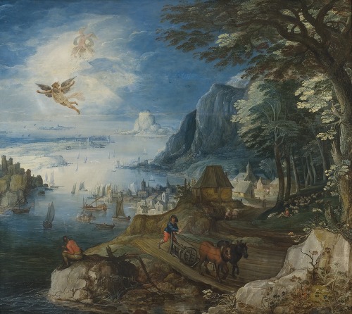 A winter landscape with a village and travellers on a path by Joos 