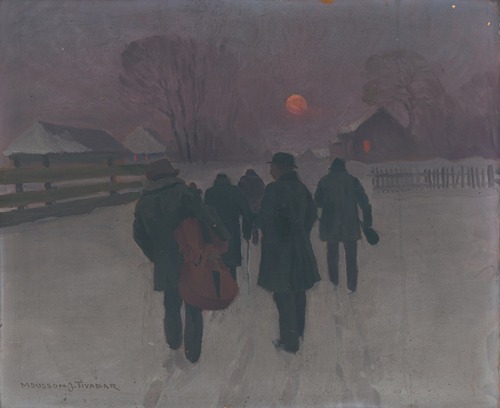 Musicians Returning in the Early Morning through Snowed Landscape