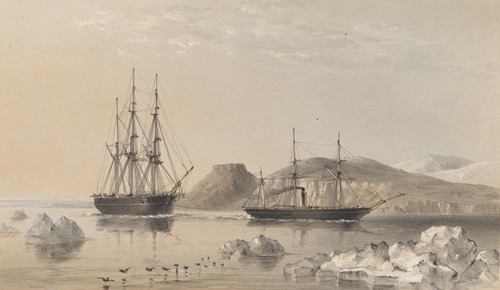 H.M.S. Assistance, in tow of the Pioneer (Captain Sherard Osborn), Passing John Barrow Mount, North of Wellington Channel, 1853