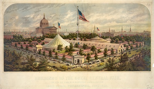 Buildings of the Great Central Fair, in aid of the U.S. Sanitary Commission, Logan Square, Philadelphia, June 1864