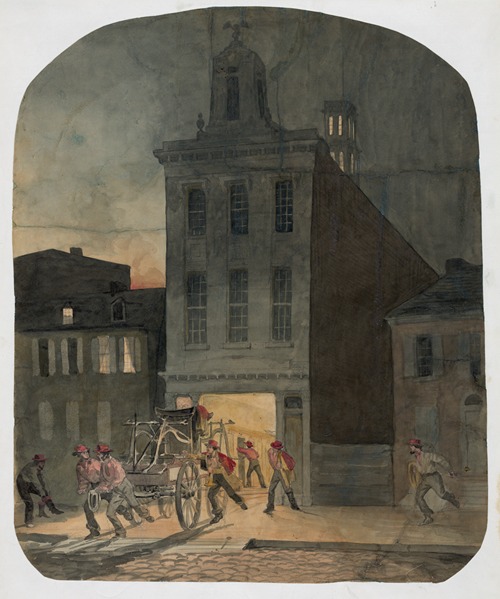 Firehouse scene in Philadelphia showing firemen from the Weccacoe Engine Company