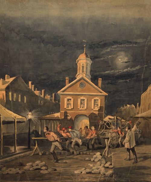 Firehouse scene showing firemen leaving firehouse pulling a hand-drawn fire engine