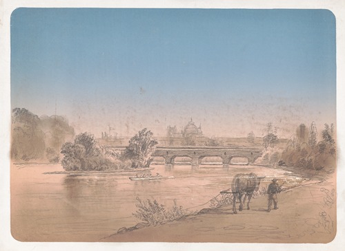 Man walking with mule on a footpath along the shore of the Schuylkill River