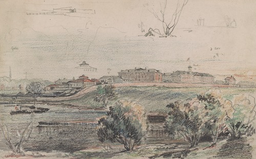 Philadelphia or possibly Camden, probably from the banks of the Delaware, given the steam ferry boat at left