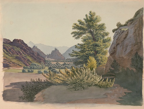 Western scene with buttes and possibly a pueblo community in the distance, as seen from a ravine with a cottonwood tree