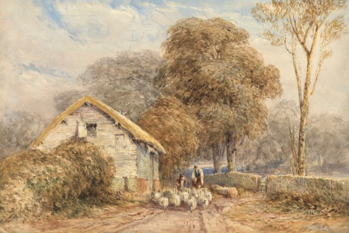 A traveller on horseback, with a shepherd and his sheep, by a barn, on a country road
