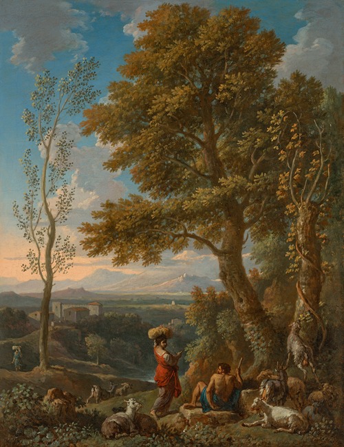 A classical Italianate landscape with a goatherd and his flock, mountains beyond