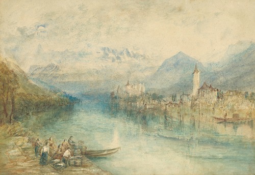 Looking towards Lake Thun, from opposite Scherzligen, with Schloss Schadau and the Niesen in the distance, Switzerland
