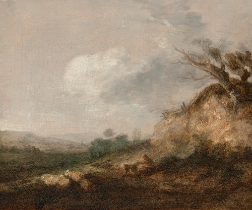 A shepherd and his dog in a landscape, his flock resting by a dune in the foreground