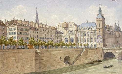 Le quai de la Cité et la tour de l’Horloge en 1855 (la flèche de la Sainte-Chapelle reconstruite)