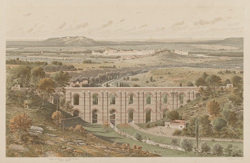 Lutèce au Bas-Empire aqueduc d’Arcueil au premier plan, palais et citadelle à l’arrière plan