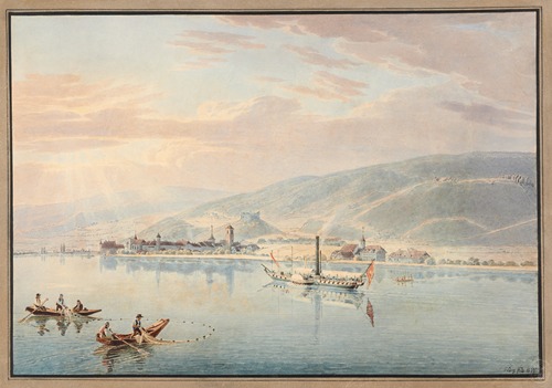 Vue du Lac de Bienne et du bateau à vapeur ‘Union’ près de La Neuveville