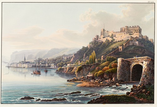Vue de St. Goar et de la ruine de Rheinfels vers le rocher de Lourley