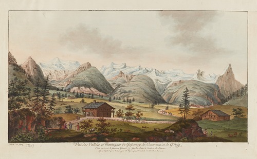 Vuë des Vallées et Montagnes de Gessenay, de Lauwenen, et de G’Steig d’ou on voit le fameux Glacier de Guelte, dans le Canton de Berne