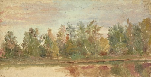 Paysage fluvial et son reflet au couchant rose