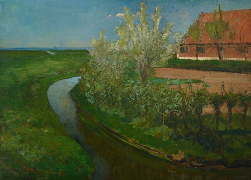 Gebogen irrigatiegracht grenzend aan boerenerf met Bloeiende bomen (Curved Irrigation Ditch Bordering Farmyard with Flowering Trees)