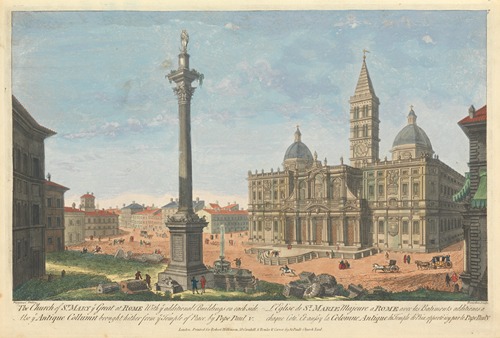 The Church of St. Mary ye Great at Rome. With ye additional Buildings on each side. Also ye Antique Collumn brought hither from ye Temple of Peace, by Pope Paul V.